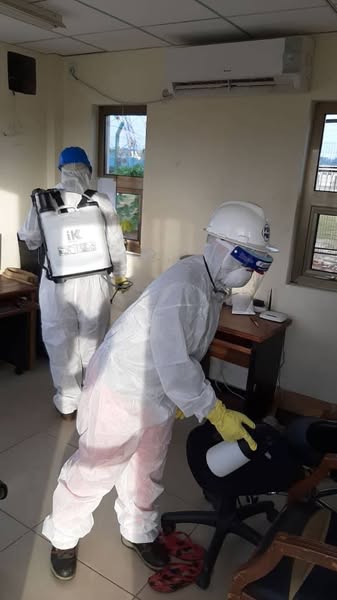 Work being done to disinfect all areas and offices around where the people in contact with the service provider who tested positive for Covid-19 passed.