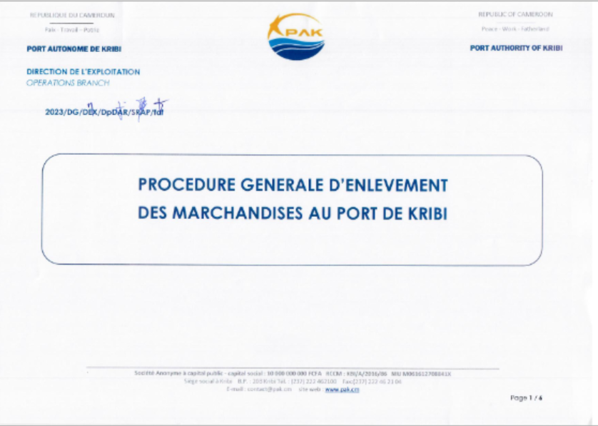 PROCEDURE GENERALE D'ENLEVEMENT DES MARCHANDISES AU PORT DE KRIBI