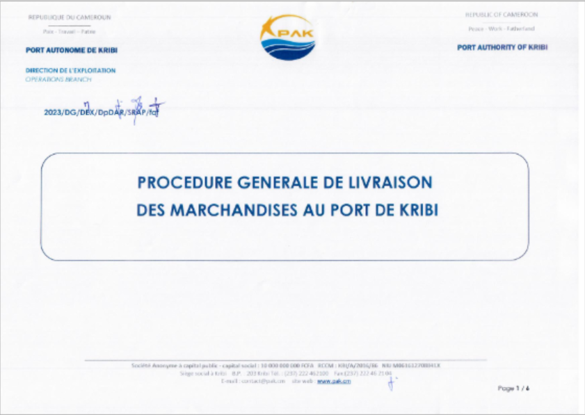 PROCEDURE GENERALE DE LIVRAISON DES MARCHANDISES AU PORT DE KRIBI