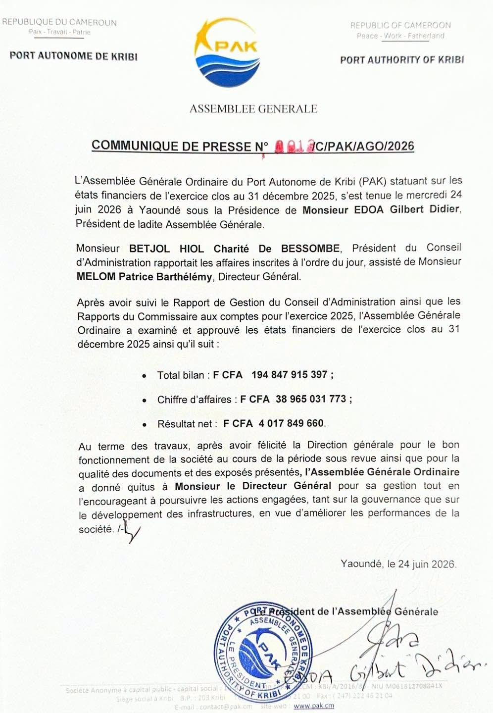 Communiqué de presse n° 0013/PAK/AGO/2026